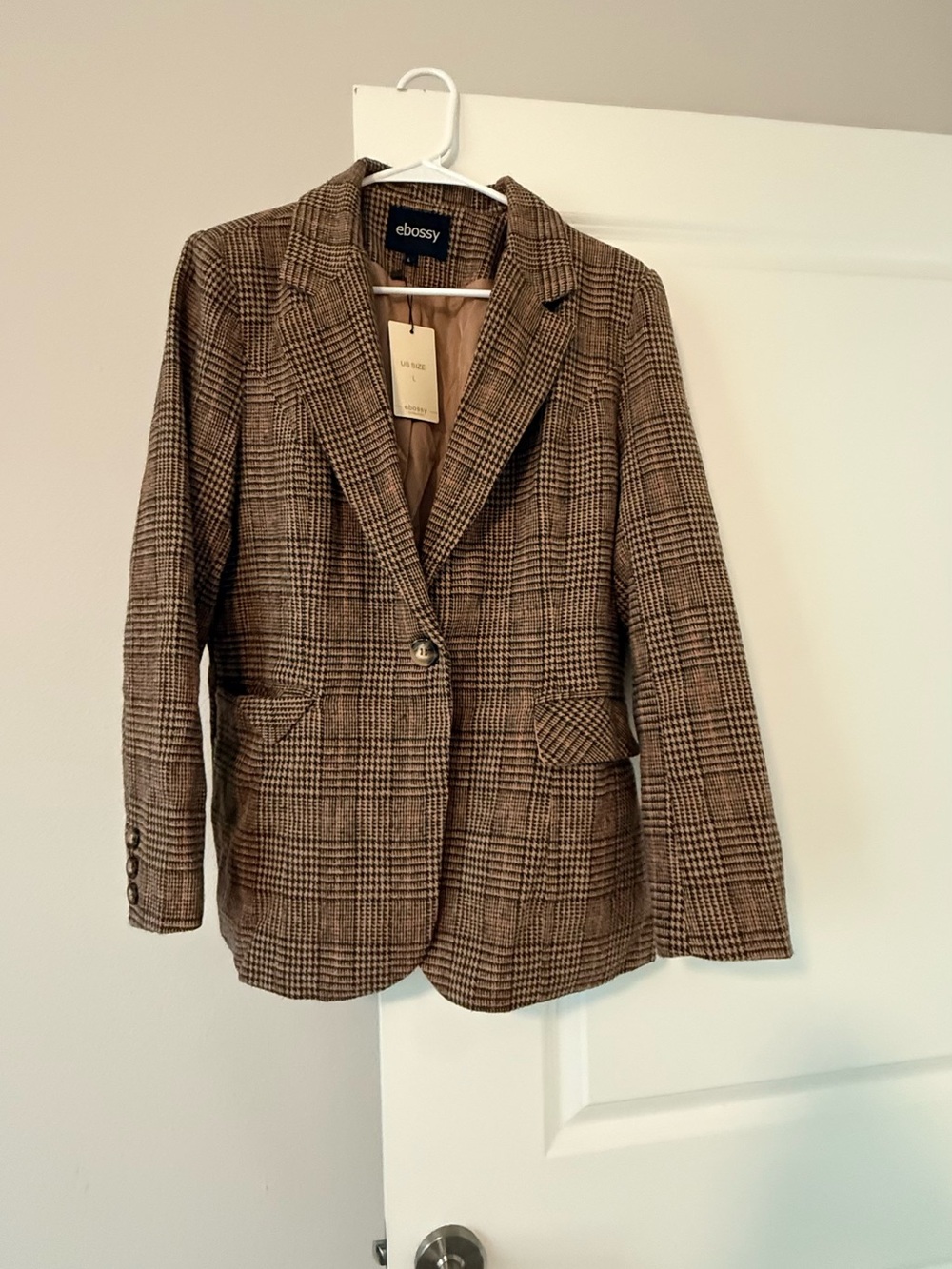 NWT Ebossy Brown Glen Plaid Houndstooth Blazer Jacket Single Button Casual Work🧡 - Picture 4 of 8